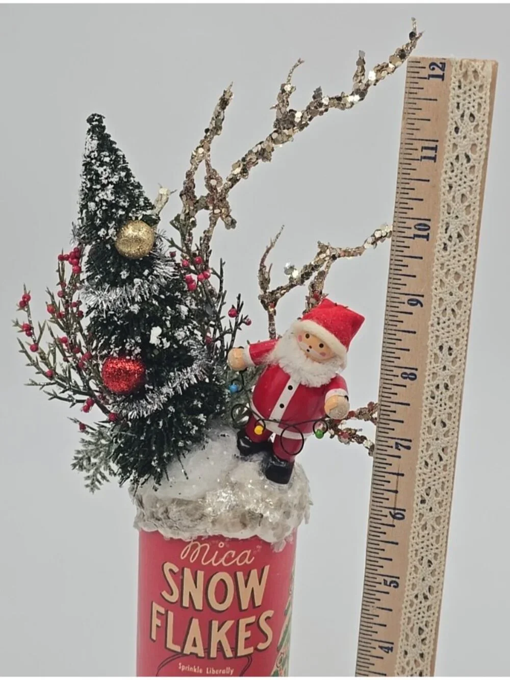 OOAK Christmas Assemblage Art Vtg Kitschy Bottle Brush Tree Wooden Santa Mica